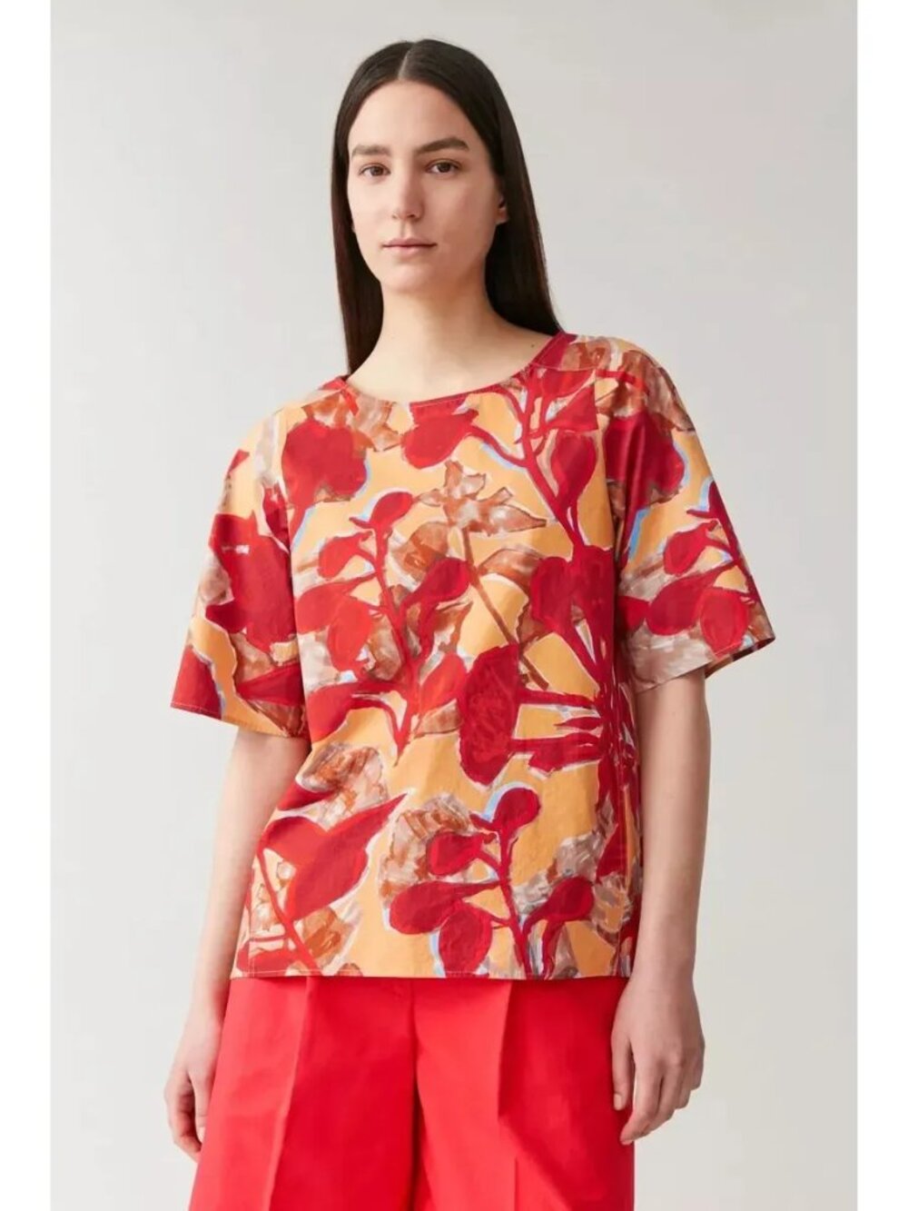 COS Red Patterned Cotton Short Sleeve Blouse Top, Size 2